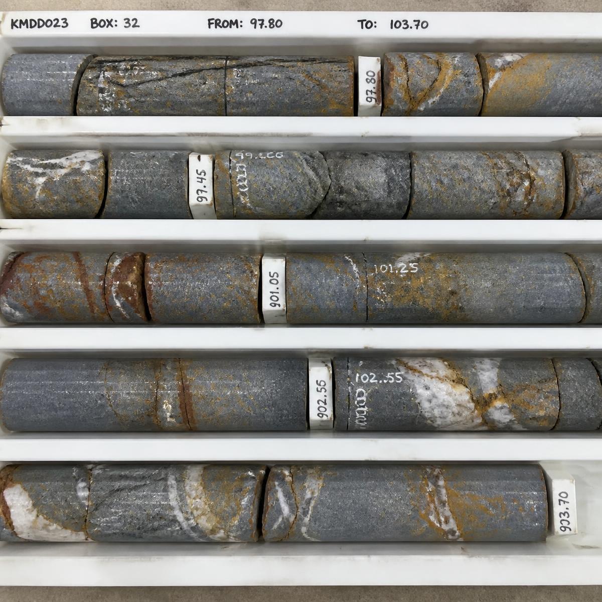 Drill core samples from the Smokebush project laid out in trays